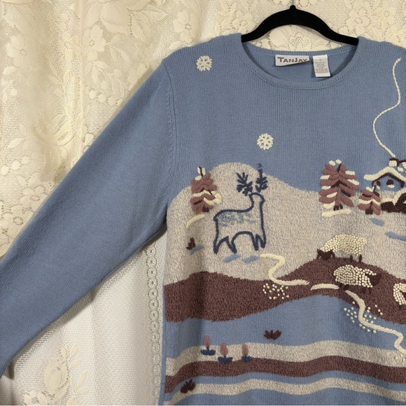 Vintage Winter Scenery Sweater Blue Purple Novelty Winter Cottagecore Sz Small - Picture 5 of 9
